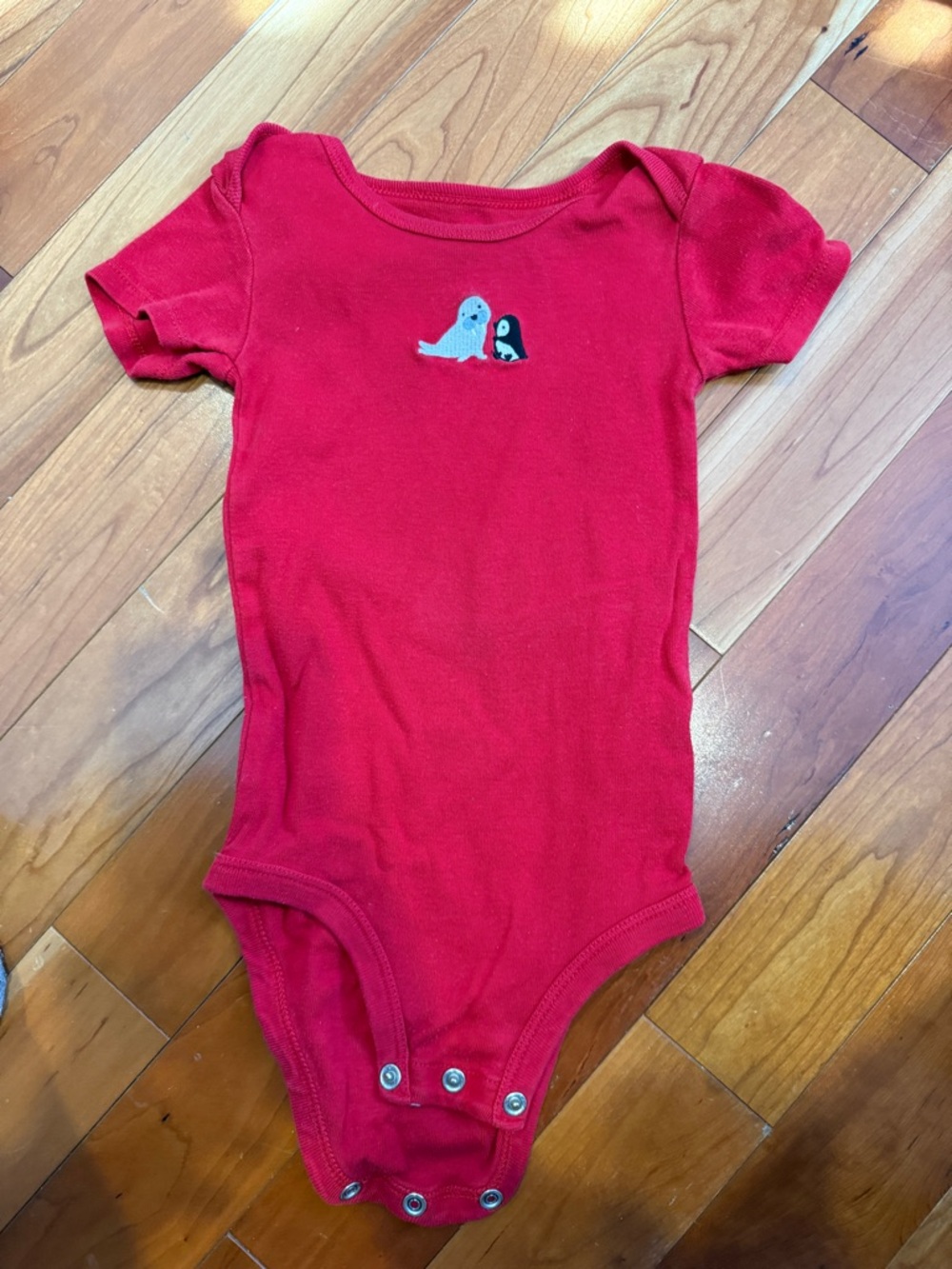 Carter's Red Short-Sleeve Penguin Embroidered One-Piece Bodysuit